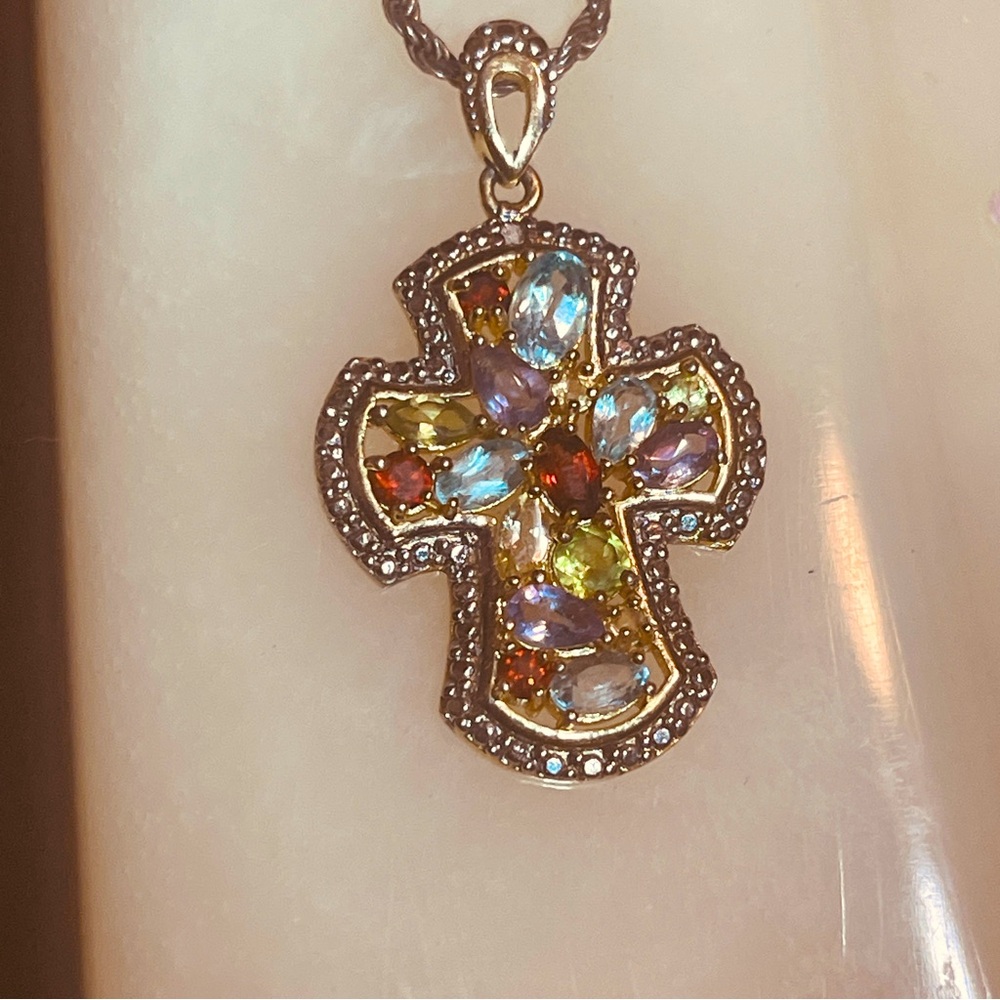 🐦‍🔥Beautiful Multi-Gemstone Silver Cross Rope Necklace!